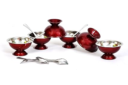 iKonbi Set of 24 Maroon Stainless Steel ice Cream Cup/Soup Bowl and Spoon Set- 12 Each