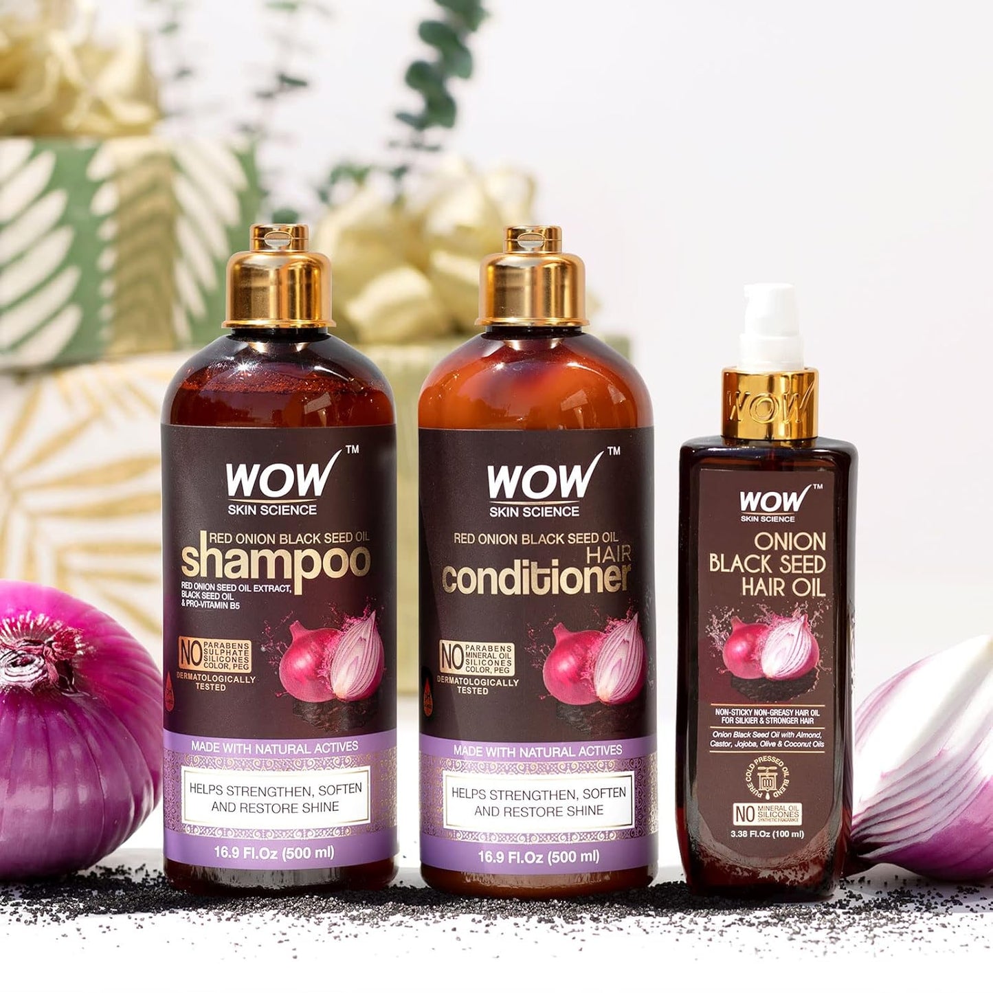 WOW Onion Black Seed Oil Shampoo & Conditioner Set: 500 ml each + 100 ml Hair Oil