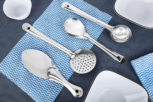 iKonbi 4 Pieces Stainless Steel Cooking and Serving Spoon Set - Oval Basting Spoon, Extra Deep Super Laddle, Basting Jhara, Rice Spoon