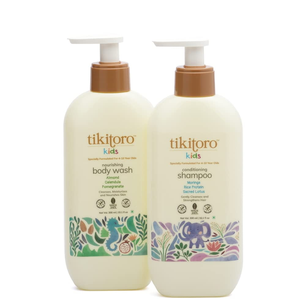 Tikitoro Kids Daily Essentials Combo, 100% Vegan Nourishing BodyWash & Conditioning Shampoo, Fresh (300 ml
