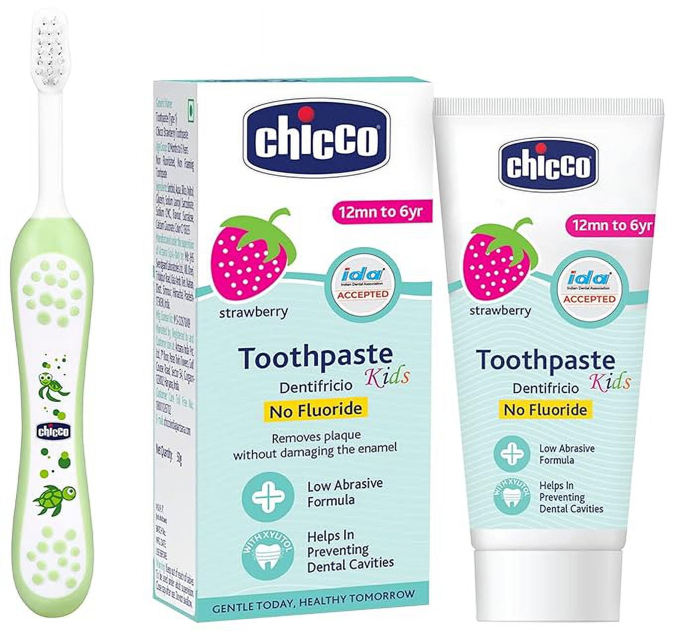 Chicco Green Toothbrush 6-36M With Chicco Strawberry Toothpaste 12M+