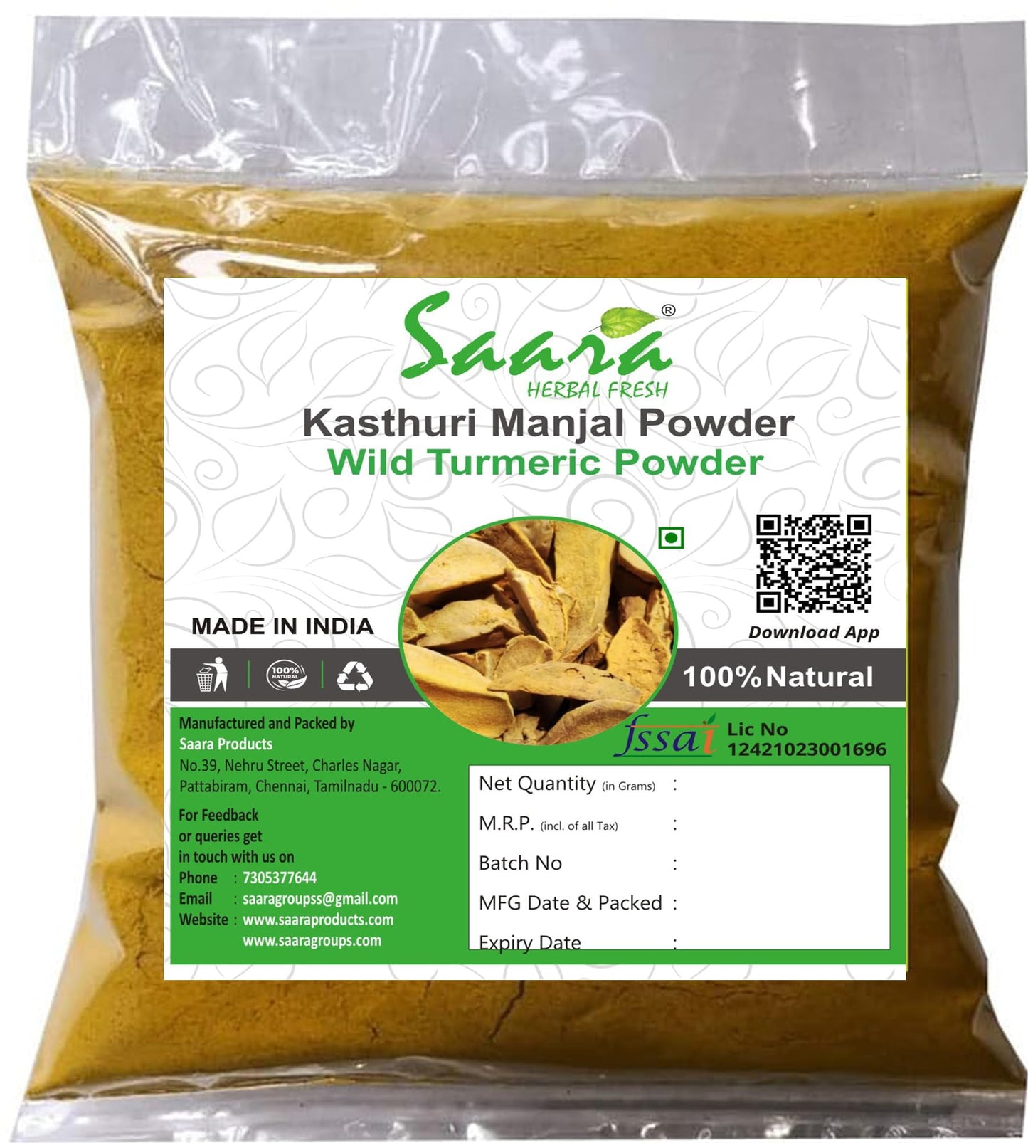 Saara HERBAL FRESH Kasturi Manjal Powder, 100g Wild Turmeric Root Powder, Kasthuri Haldi,