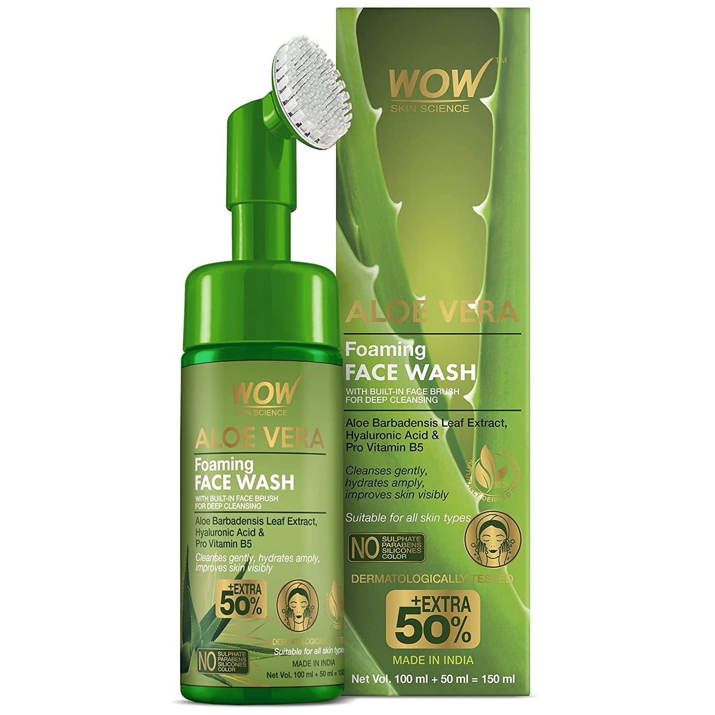 WOW Skin Science Aloe Vera Foaming FaceWash with Built-In Face Brush for deep cleansing -