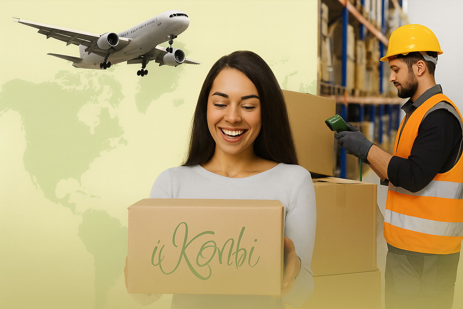 Happy customer receiving iKonbi parcel with international shipping, airplane, and warehouse logistics