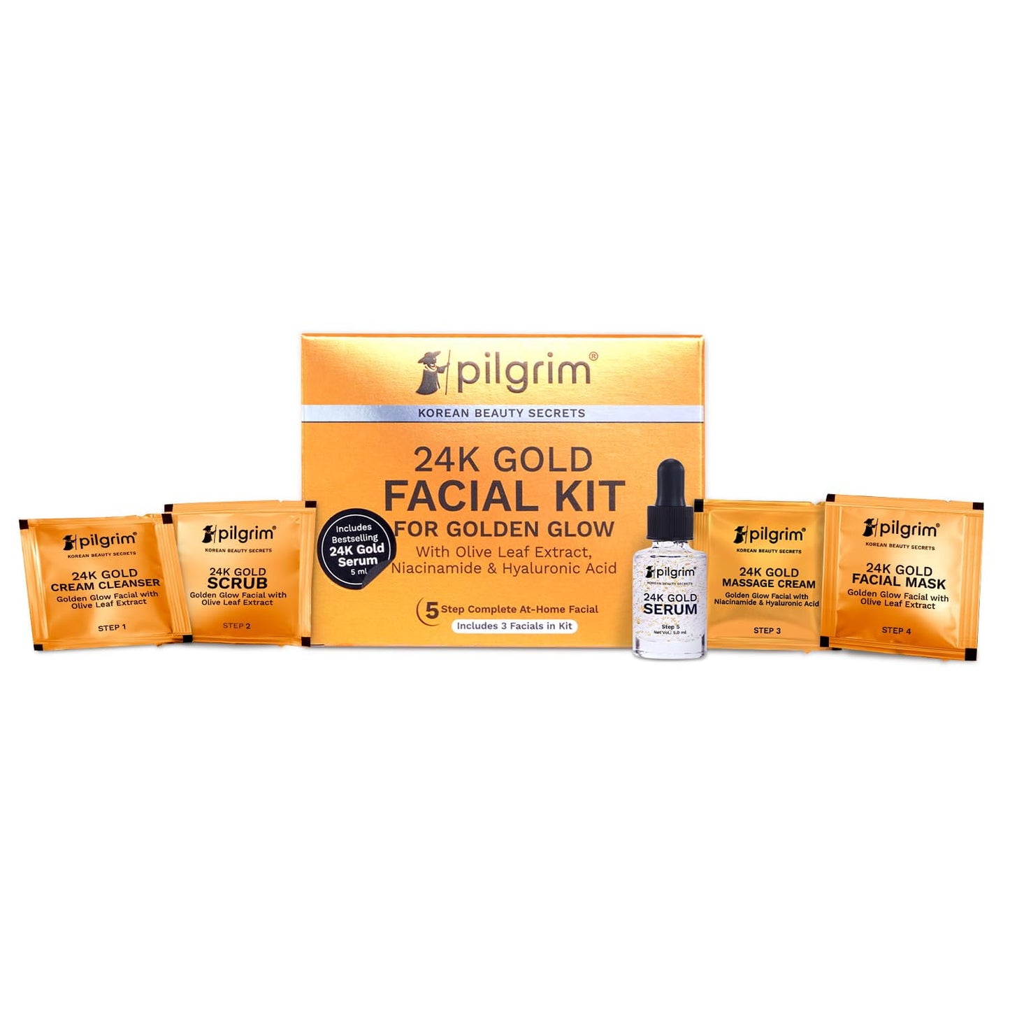 Pilgrim 24K Gold Facial Kit For Instant Radiance & Golden Glow With 5 Easy Steps | With Go