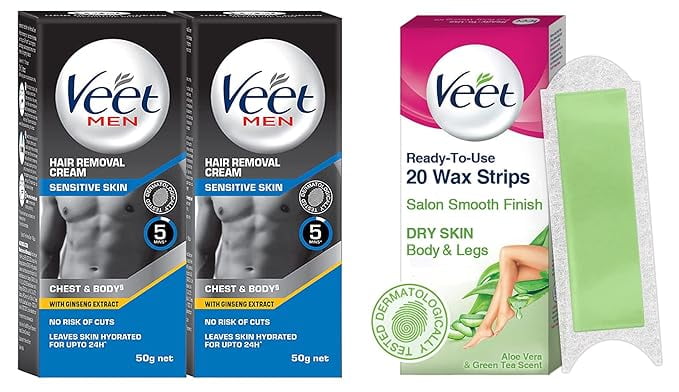 Veet Hair Removal Cream for Men, Sensitive Skin, 50g Each (Pack of 2) & Instant Waxing Kit
