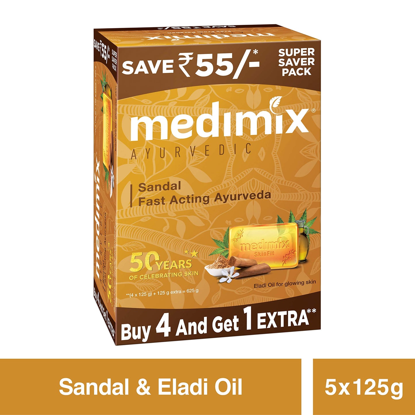 Medimix Ayurvedic Sandal Bathing Bar, 125 g (4 + 1 Offer Pack)