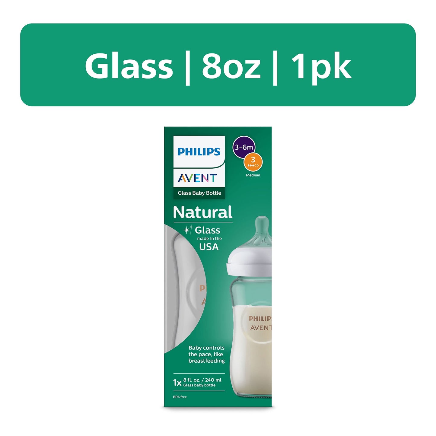 Philips Avent Natural Glass Baby Bottle with Natural Response Nipple (Medium Flow, Flow 3)