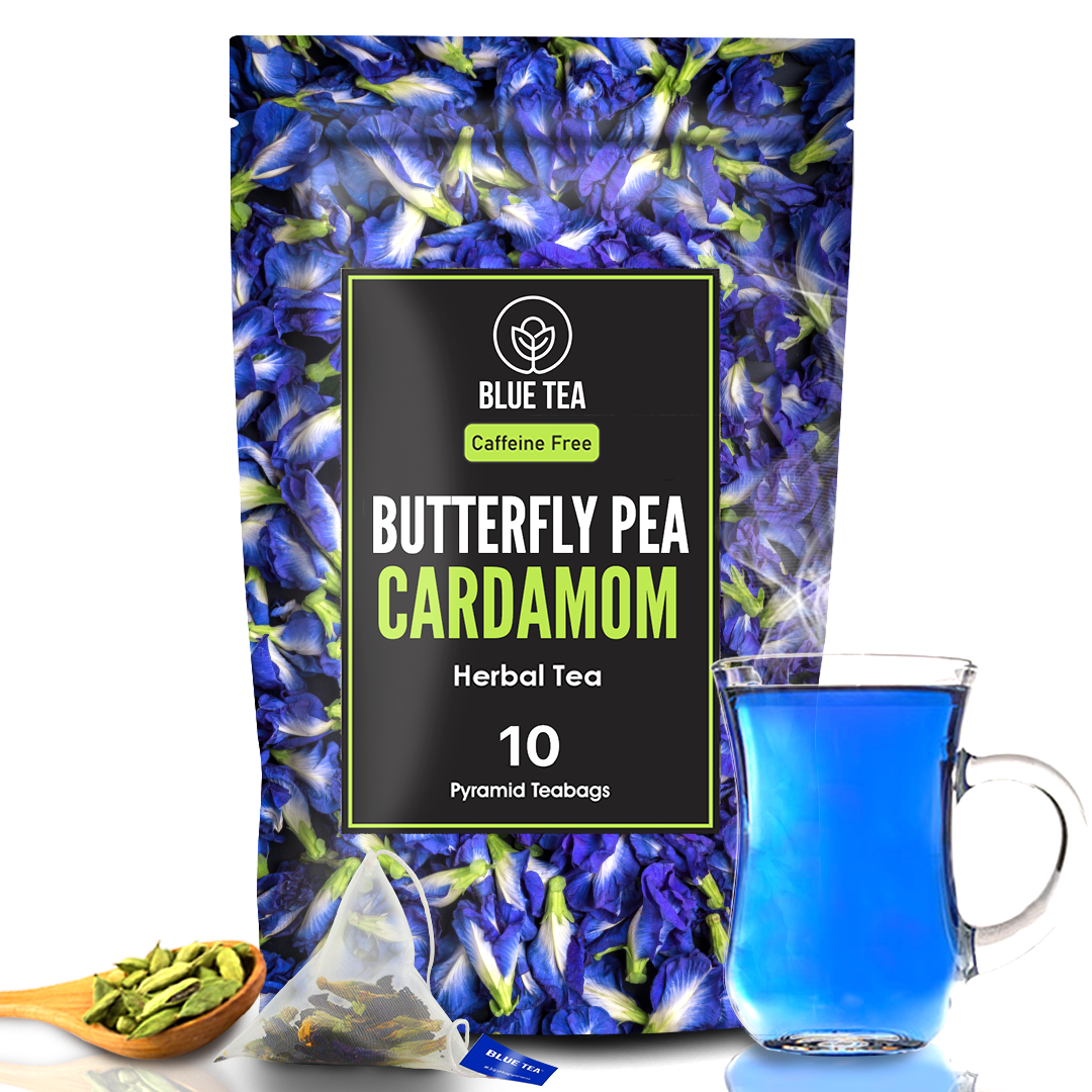 BLUE TEA - Butterfly Pea Flower Cardamom Herbal Tea - 10 Tea Bags || Caffeine free - Premi