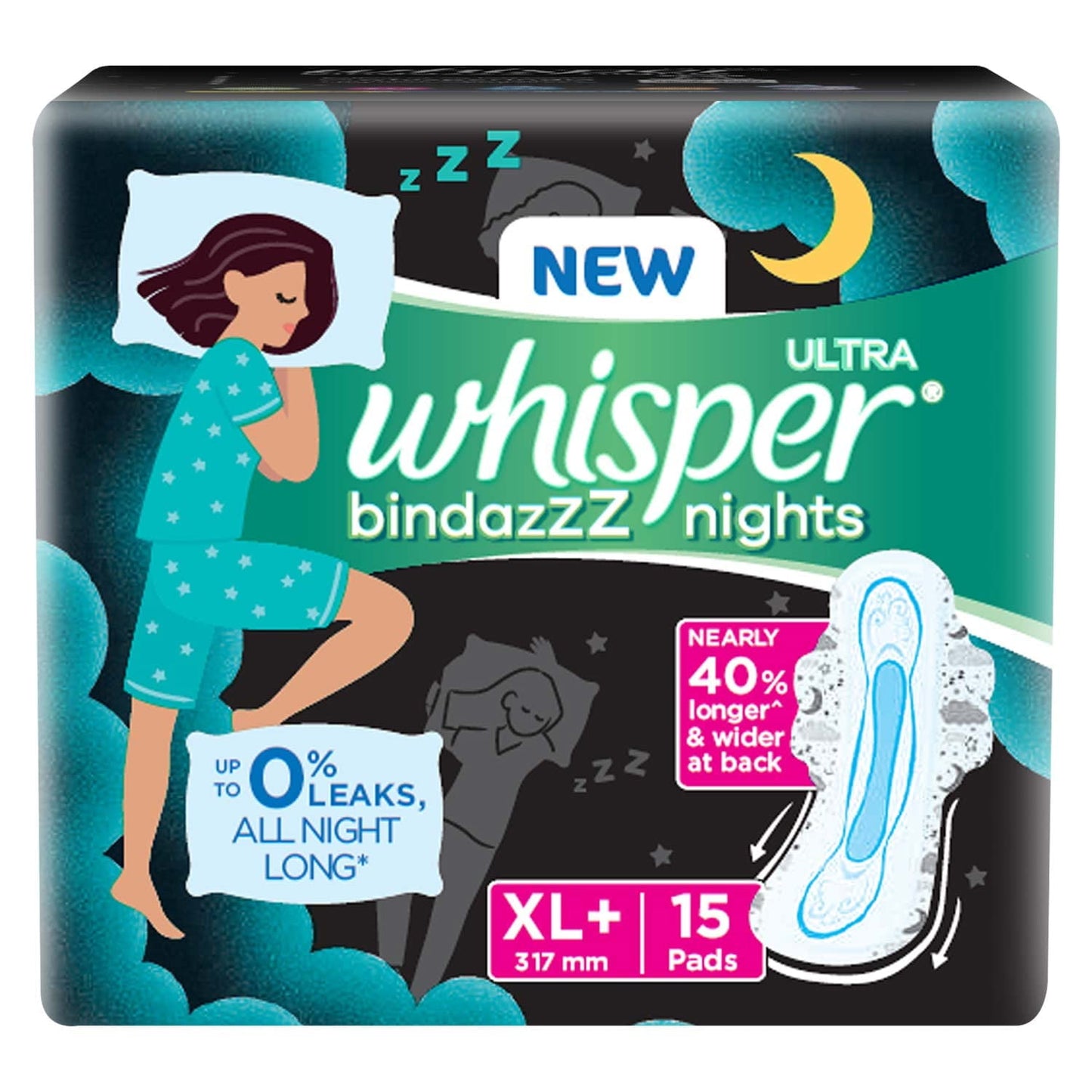Whisper Ultra Bindazzz Nights Sanitary Pads - XL+, 15 pcs