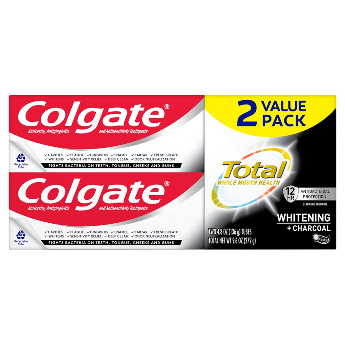 Colgate Total Whitening + Charcoal Toothpaste, Mint, 2 Pack, 4.8 Oz Tubes