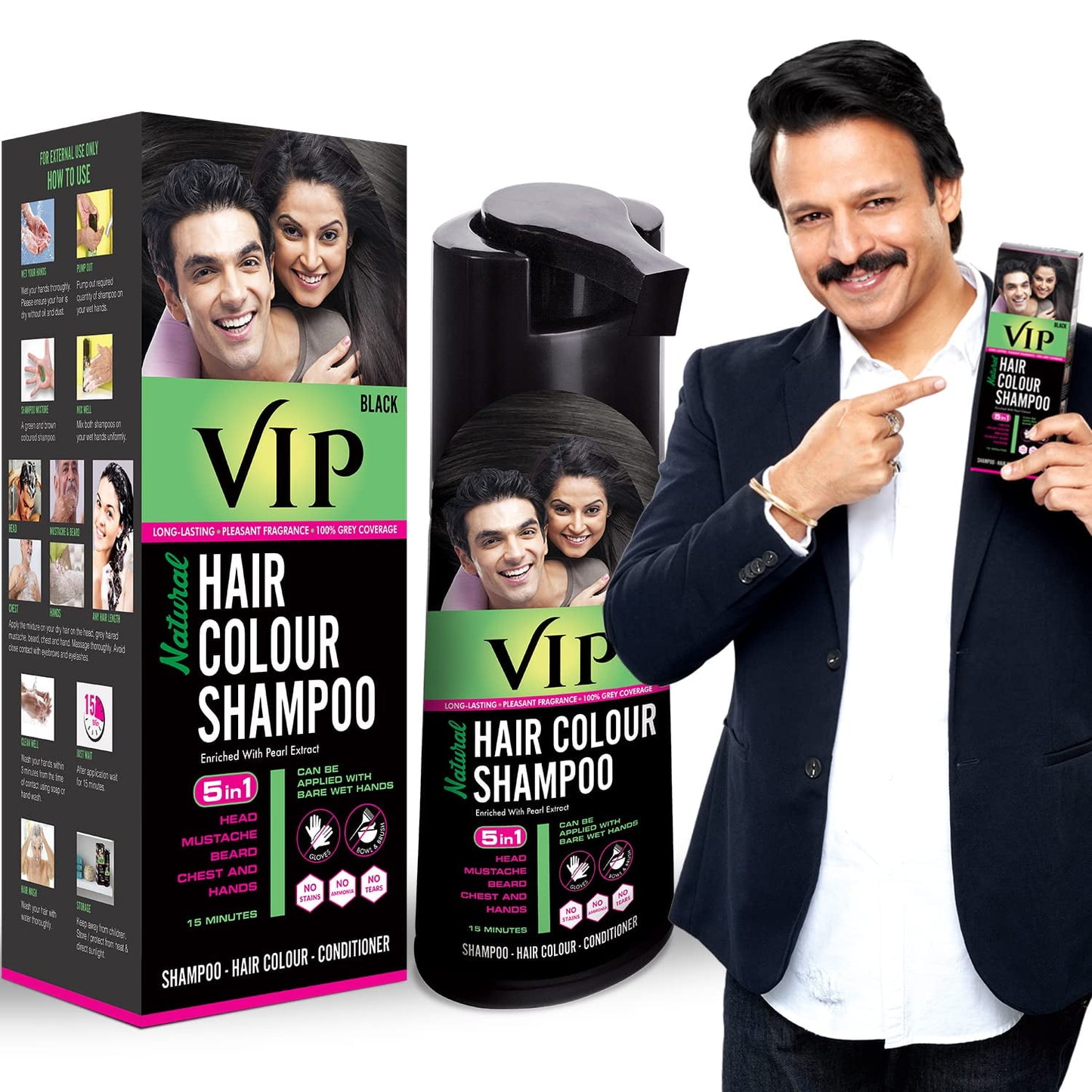 Vip Hair Colour Shampoo 180Ml Black For Men & Women | Alternate To Hair Dye | Instant Bear