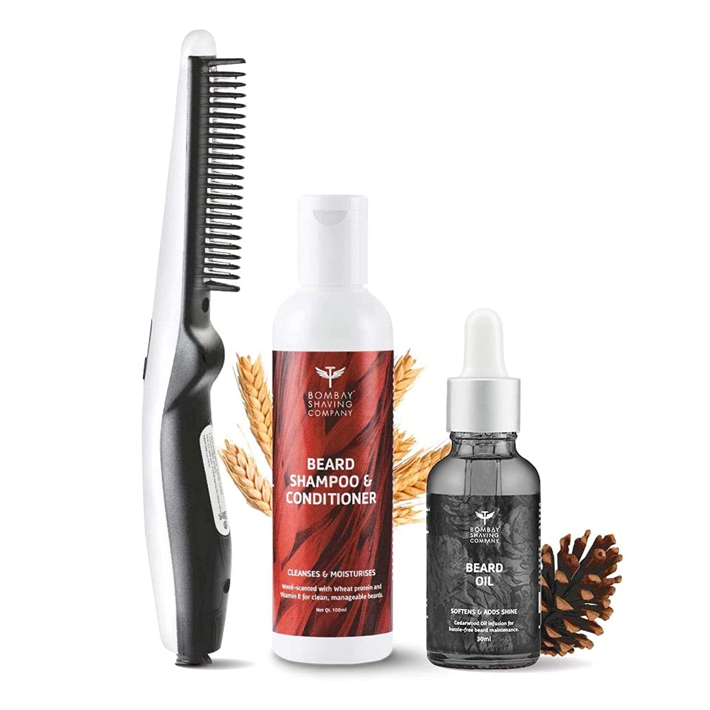 Bombay Shaving Company 3-in-1 Beard Straightener Kit With Cedarwood Beard Oil, Beard Shamp