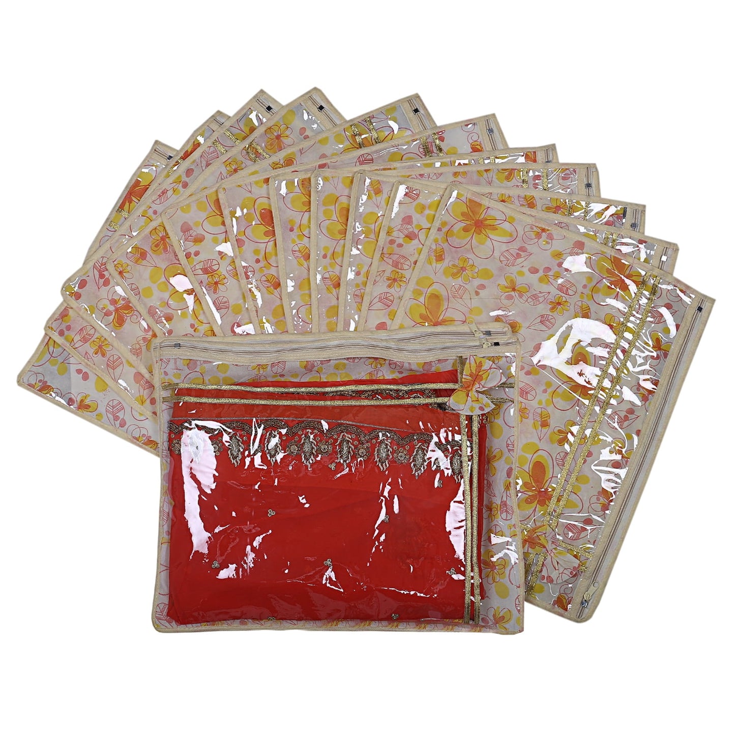 Kuber Industries Non woven 12 Pieces Single Packing Saree Cover (Ivory & Red) -CTKTC5925