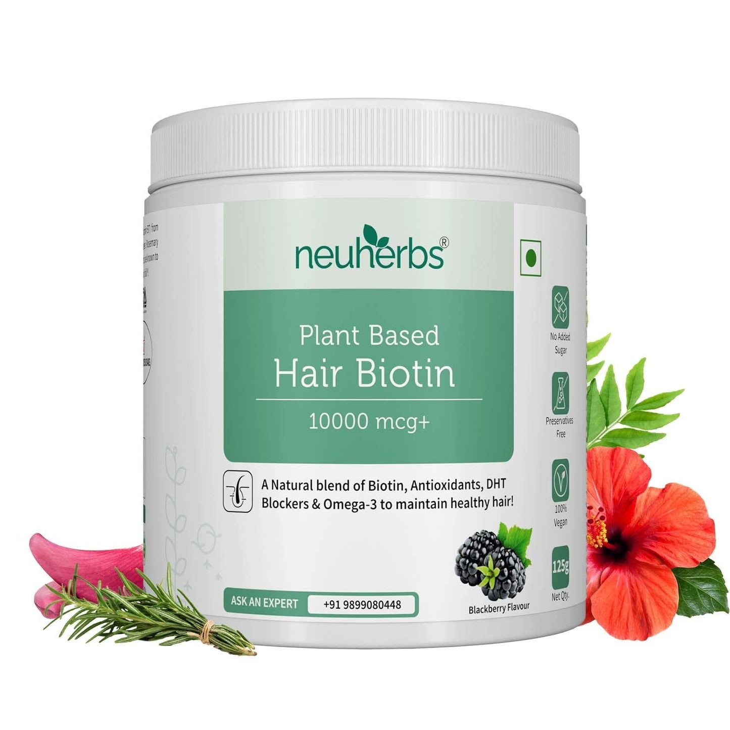 Neuherbs Plant Based Hair Biotin 10000Mcg Supplement With Dht-Blocker & Omega-3 | Sesbania