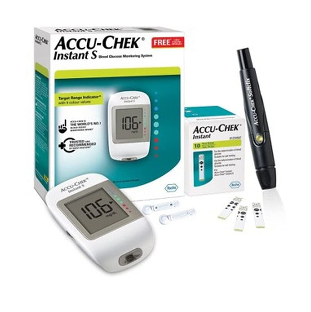 Accu-Chek Instant S Blood Glucose Glucometer Kit With Vial Of 10 Strips, 10 Lancets And A