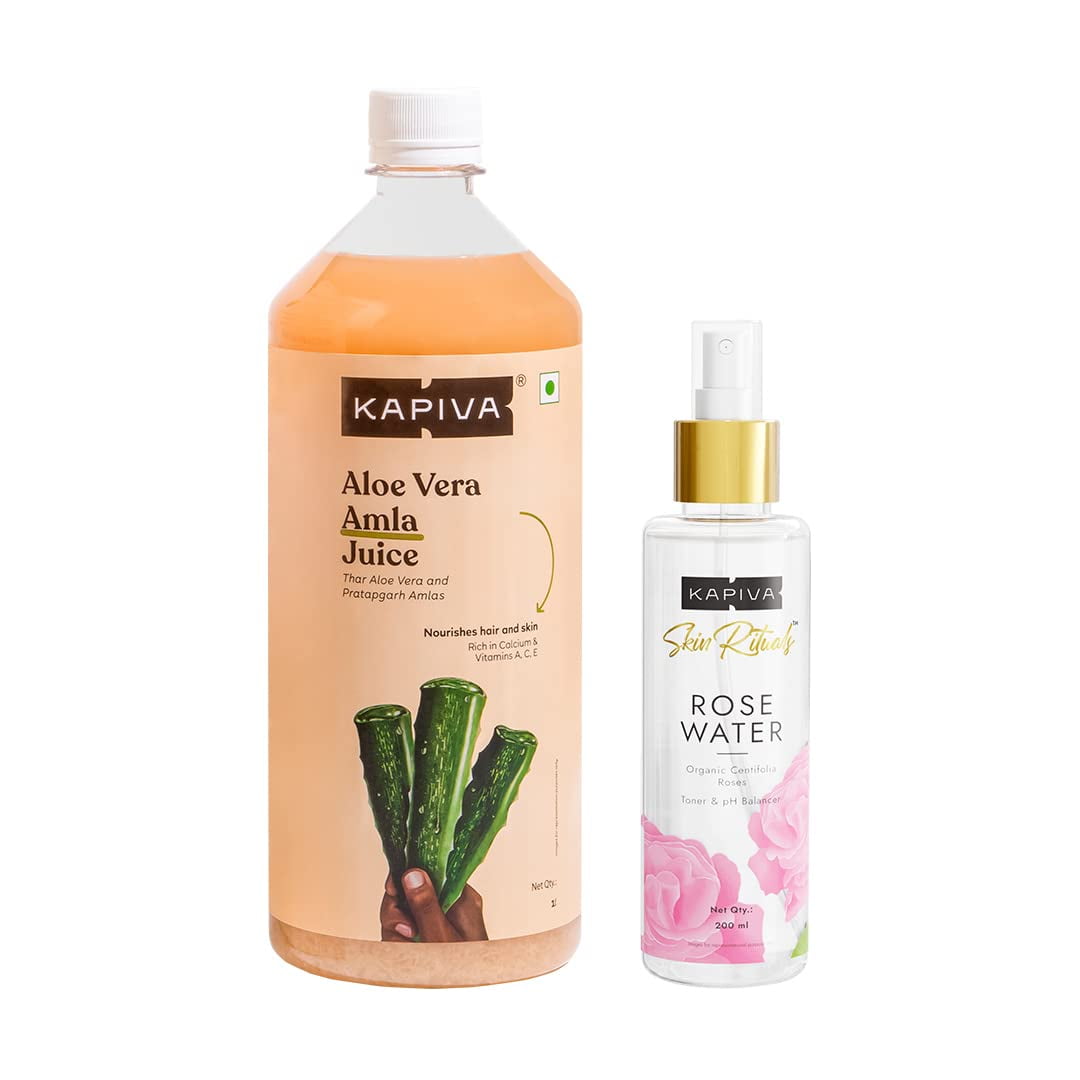Kapiva Skin Rituals Rose Water 200Ml & Aloe Amla Juice 1L | Facial Mist, Ayurvedic Juice F