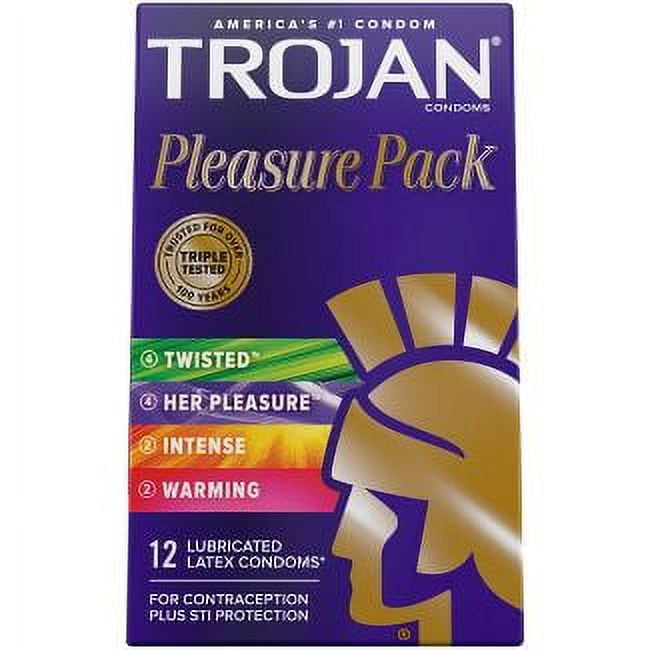 Trojan Pleasure Pack Condom Bundle with Lunamax Brass Pocket Case, Assortment of Stimulati