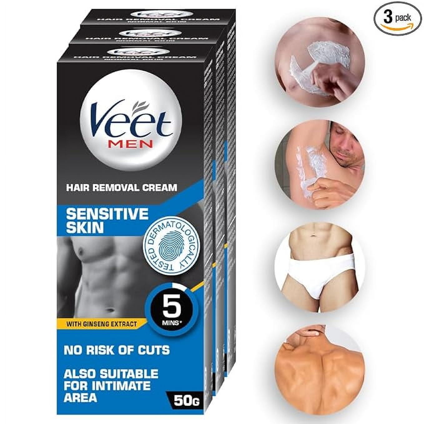 Veet Hair Removal Cream for Men, Sensitive Skin, 50g Each (Pack of 3)
