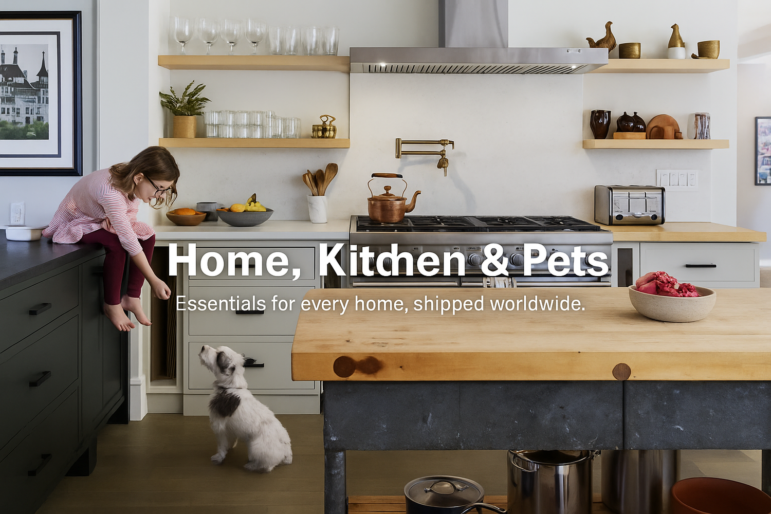 iKonbi Home, Kitchen & Pets – Modern kitchen with family and pet, showcasing premium Indian kitchenware, home essentials, and pet care products with worldwide shipping.