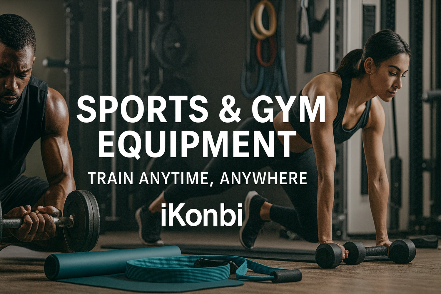 Sports & Gym equipment banner featuring athletes training with weights, resistance bands, and cardio gear – iKonbi fitness collection