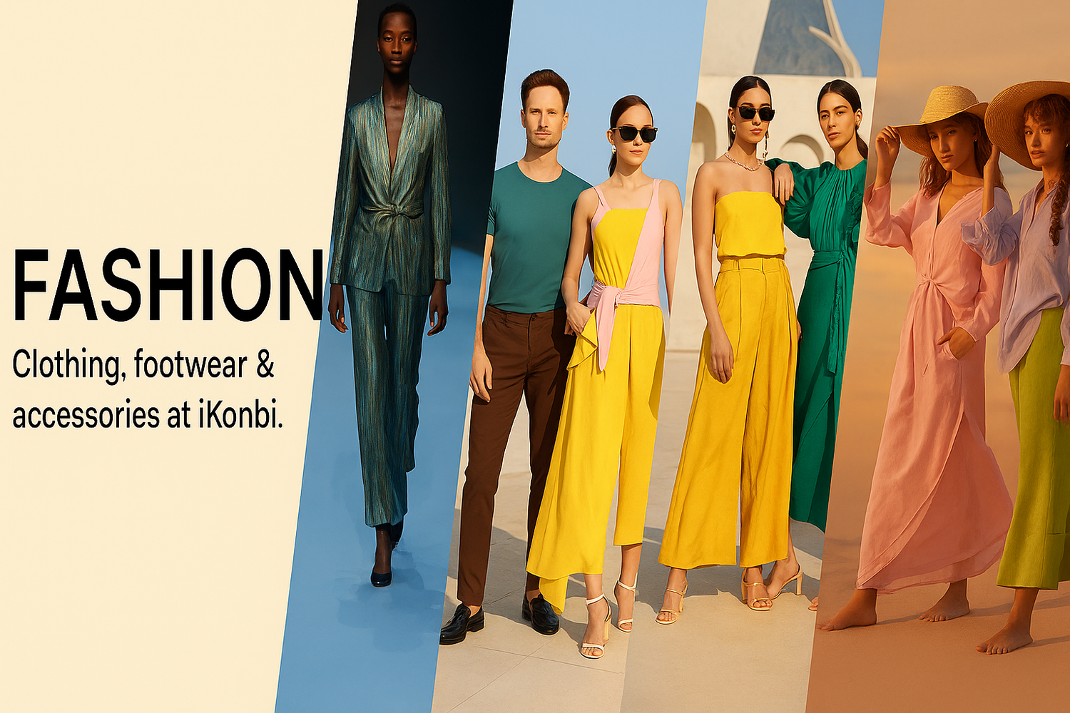 A promotional fashion banner for iKonbi showcasing men’s and women’s clothing, footwear, and accessories in bold colors.