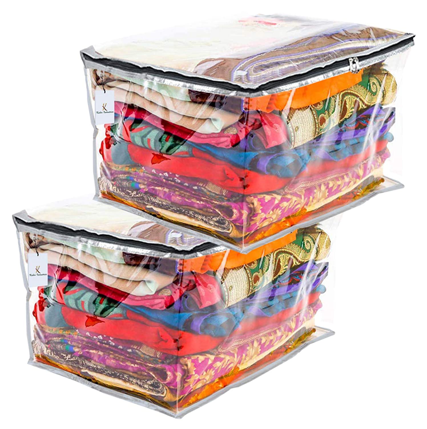 Kuber Industries 2 Pieces Transparent Fabric Saree Cover/Clothes Organiser for Wardrobe Se
