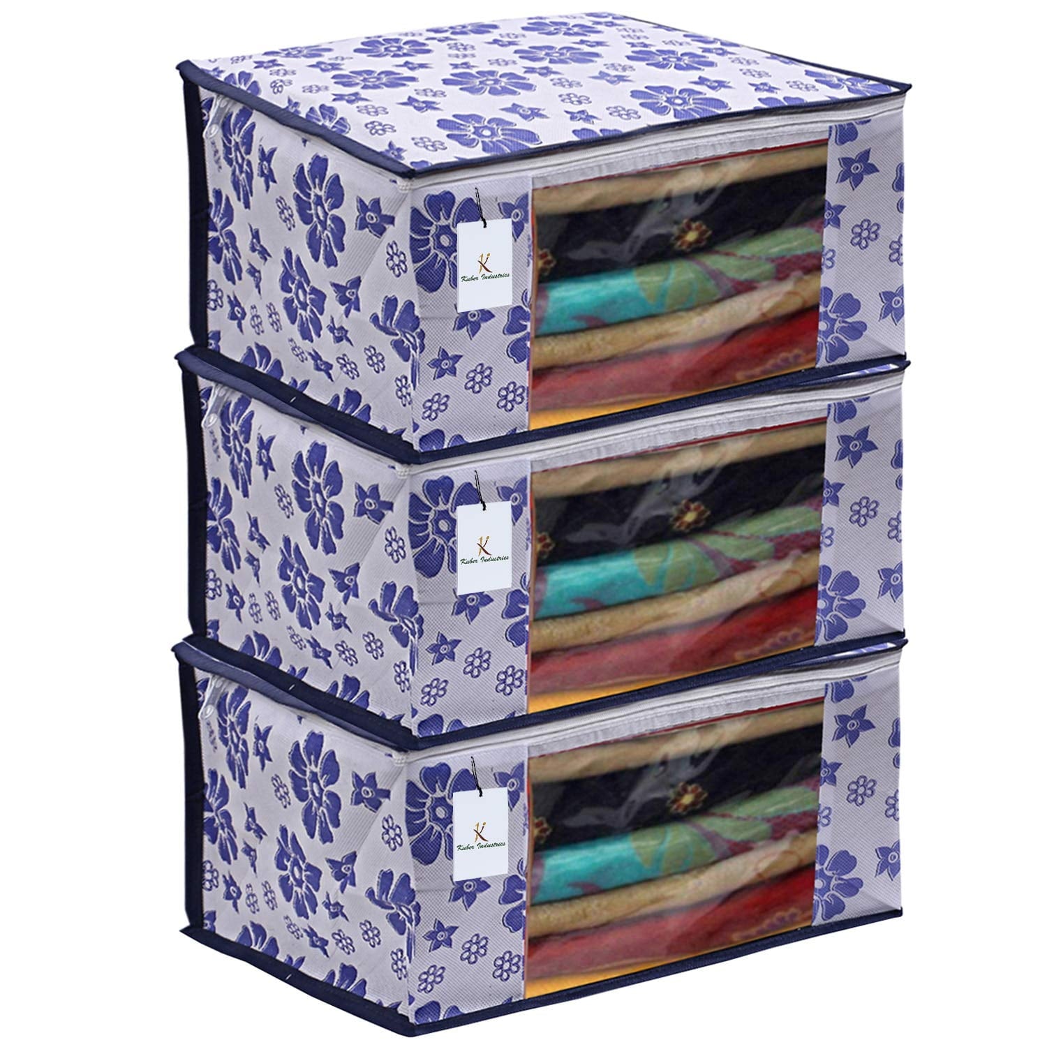 Kuber Industries 3 Piece Non Woven Saree Cover Set, Royal Blue, Large Size