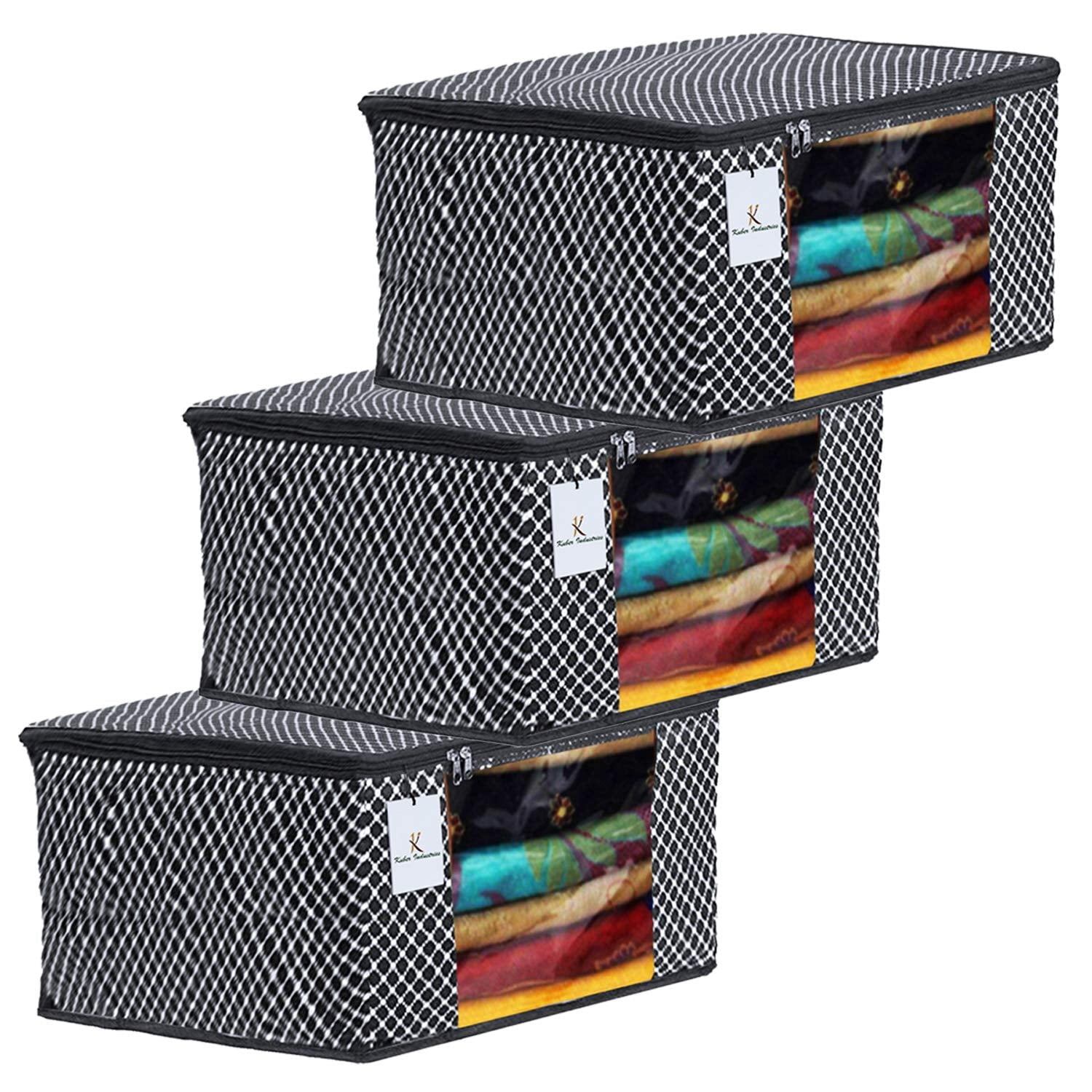 Kuber Industries Polka Dots 3 Pieces Cotton 3 Layered Quilted Saree Cover (Black)