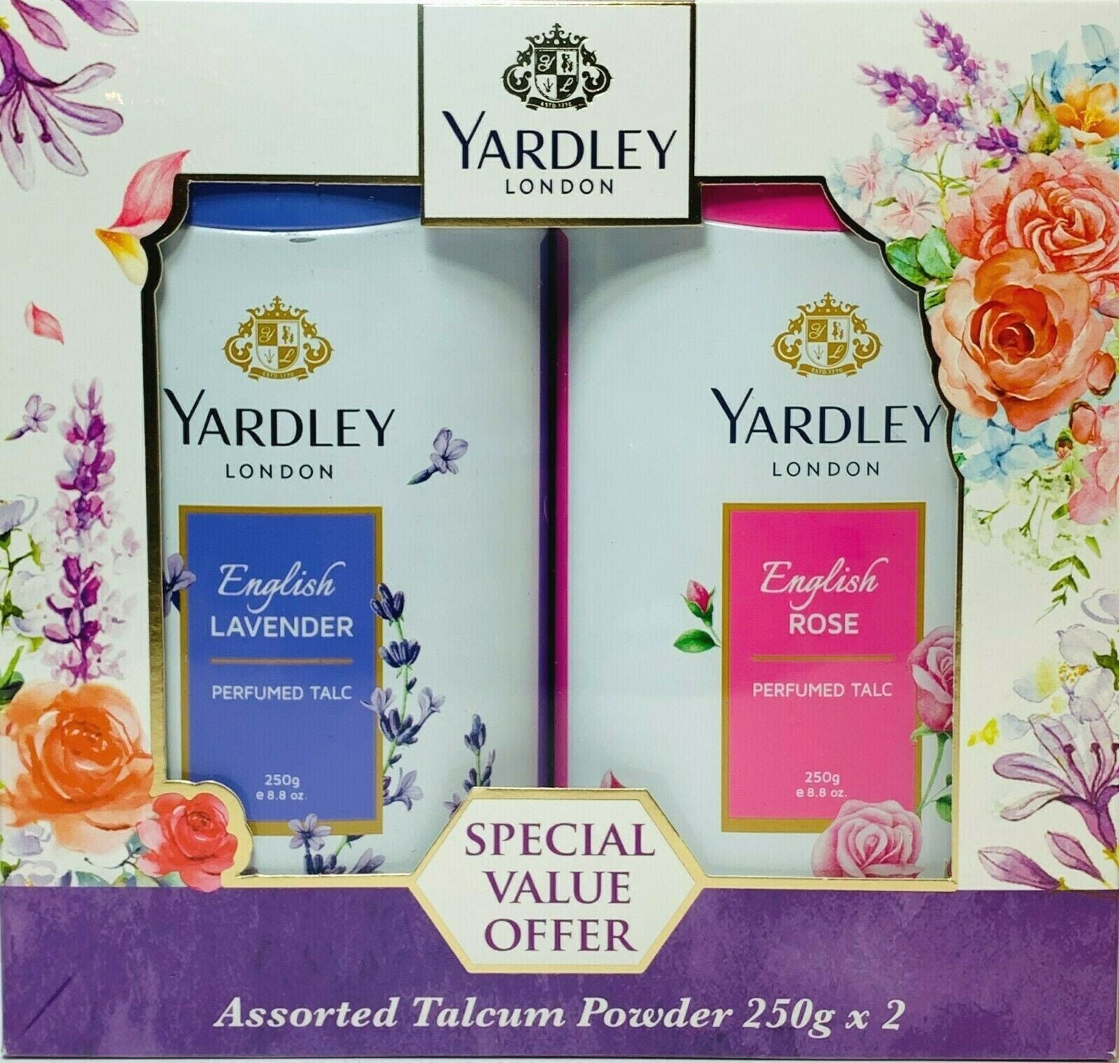 Yardley London Perfumed Body Powder Talc English Lavender & English Rose Set 8.8 Oz (250 G