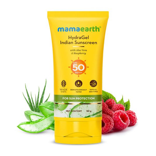 Mamaearth HydraGel Indian Sunscreen: SPF 50, Aloe Vera & Raspberry, 50