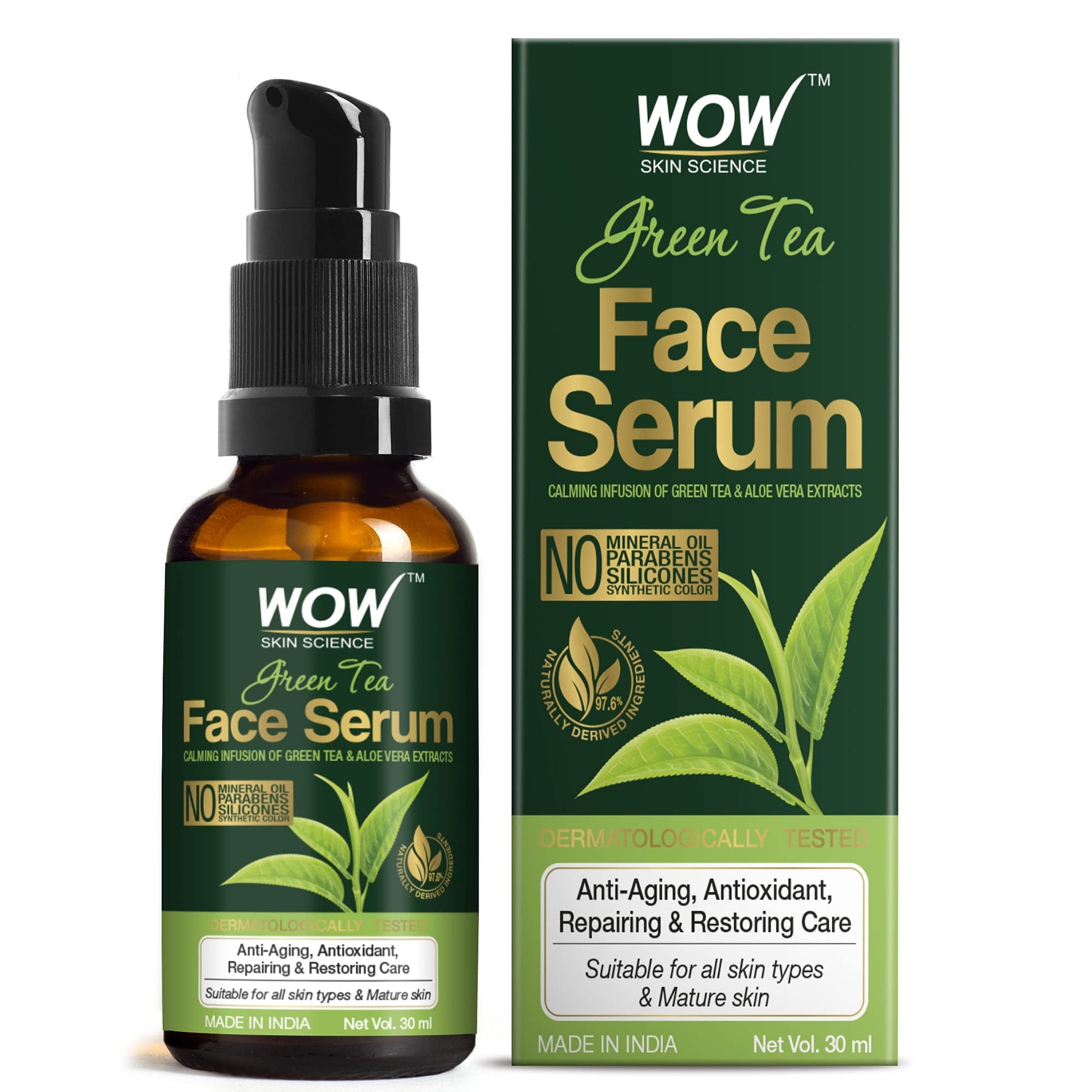 Wow Skin Science Green Tea FaceSerum | Aloe Vera Extract With Pro Vitamin B5 & Vitamin E |