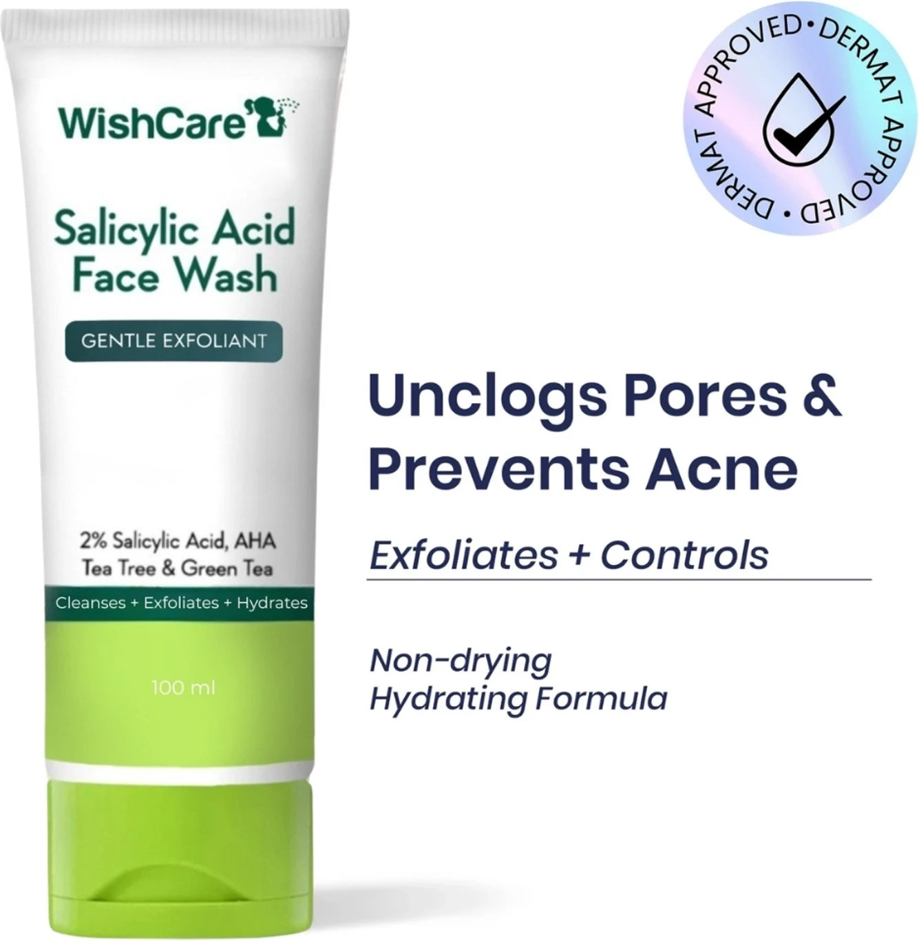 WishCare 2% Salicylic Acid FaceWash for Women & Men with AHA, GreenTea, Chamomile & TeaTree - FaceWash for Oily Skin & Acne Prone Skin 100ml