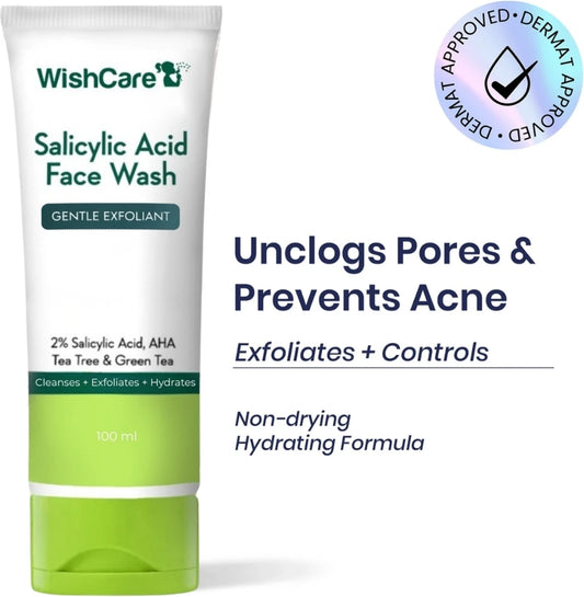 WishCare 2% Salicylic Acid FaceWash for Women & Men with AHA, GreenTea, Chamomile & TeaTree - FaceWash for Oily Skin & Acne Prone Skin 100ml