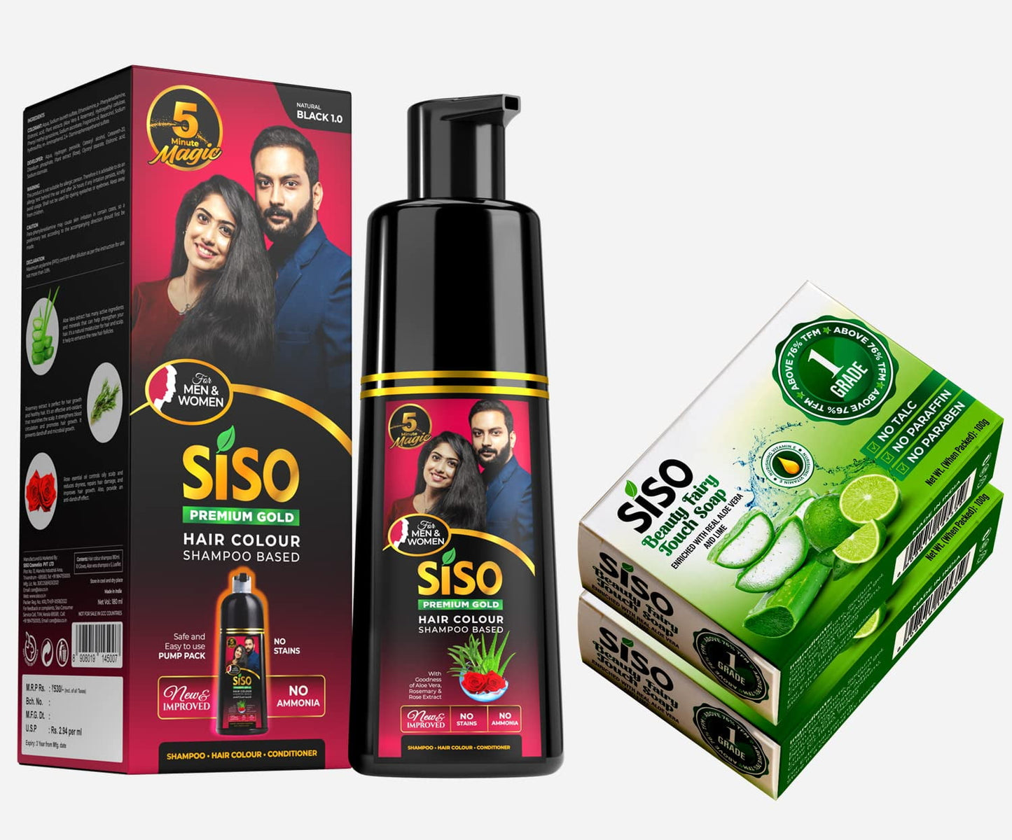 Siso Permanent Hair Color Shampoo Pump Pack, Natural Black 180Ml With Siso Grade 1 Aloe Ve