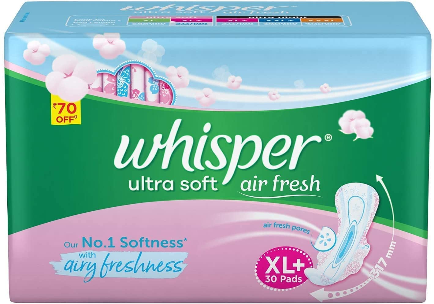 Whisper Ultra Soft Sanitary Pads for Women- 30 Pieces (XL Plus)