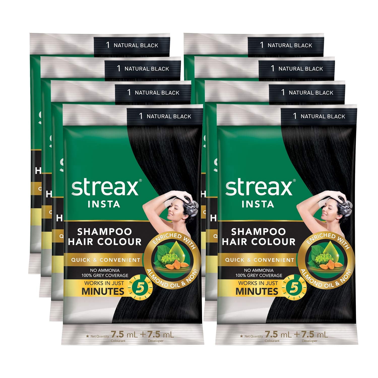 Streax Insta Shampoo Hair Colour for Unisex, 15ml each (Pack of 8) - Natural Black