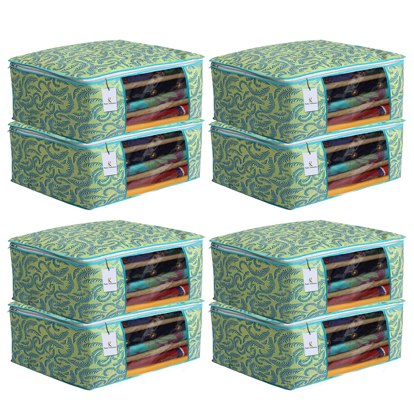 Kuber Industries Metalic Flower 8 Piece Non Woven Saree Cover Set, 7 inch, Green