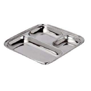 iKonbi Heavy Duty Stainless Steel Square Small Dinner Plate with 3 Sections Divided Mess