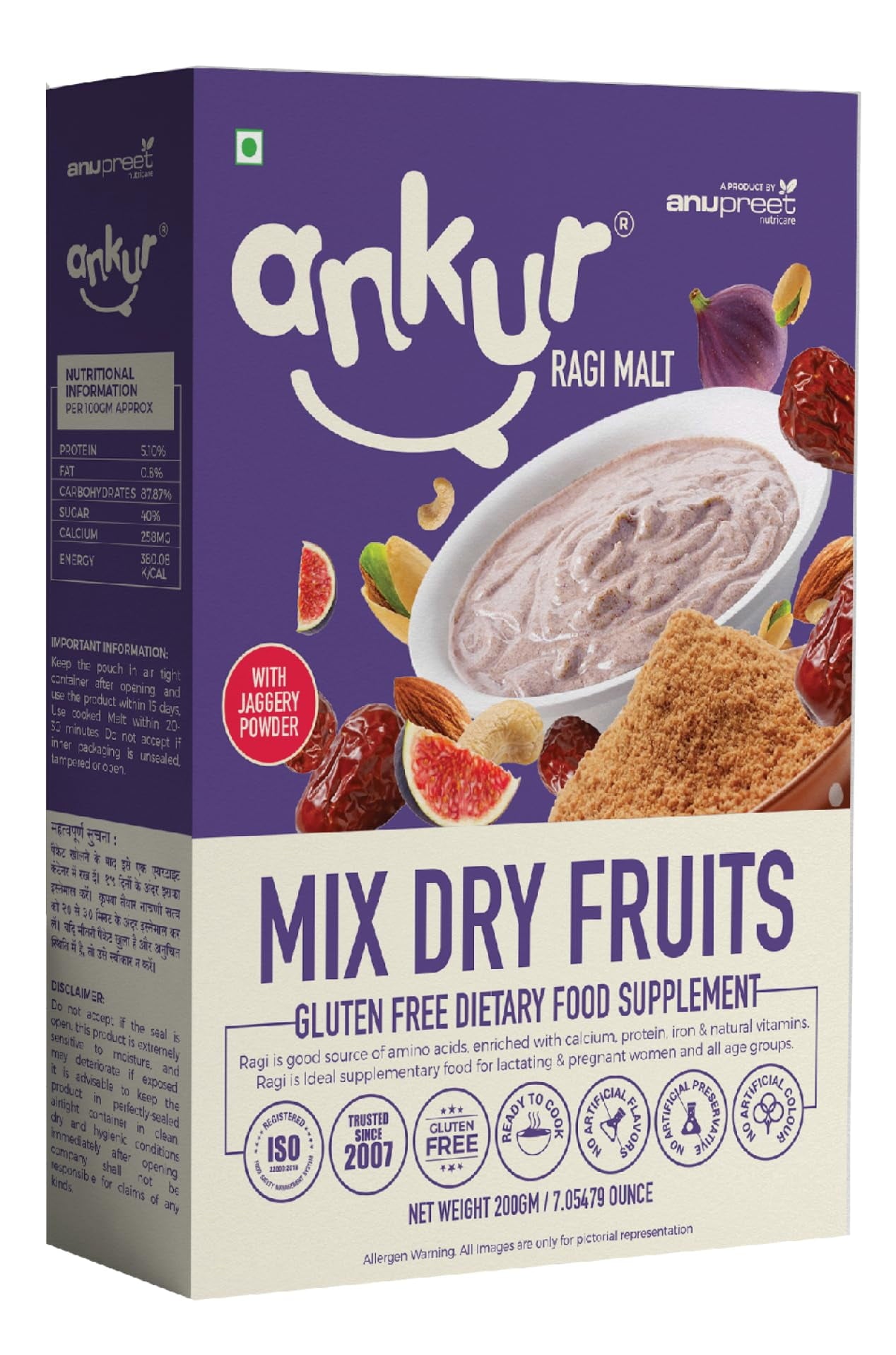 Ankur Mix Dry Fruits Ragi Malt With Jaggery Nachani Satva 250 Gm