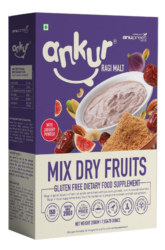 Ankur Mix Dry Fruits Ragi Malt With Jaggery Nachani Satva 250 Gm