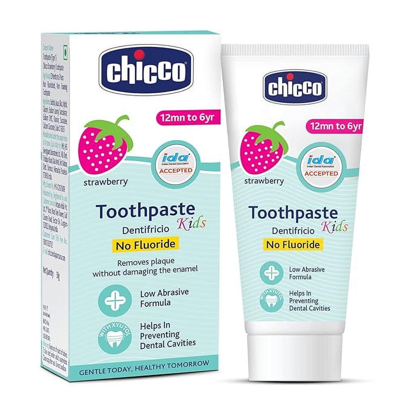 Chicco Toothpaste, Strawberry Flavour for 1Y to 6Y Baby, Fluoride-Free, Preservative-Free,