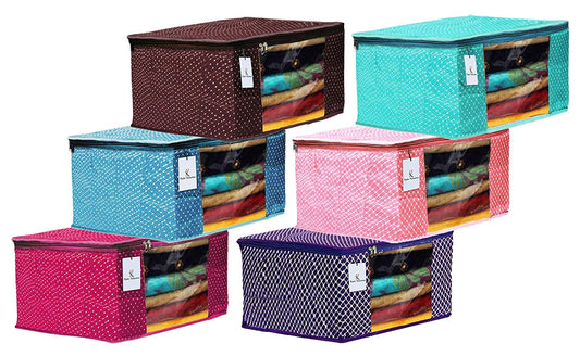 Kuber Industries Polka Dots 6 Pieces Cotton 3 Layered Quilted Saree Cover (Purple & Green