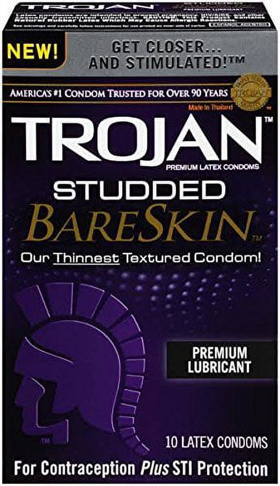 Trojan Studded BareSkin + Silver Lunamax Pocket Case, Ribbed Lubricated Latex Condoms-10 C