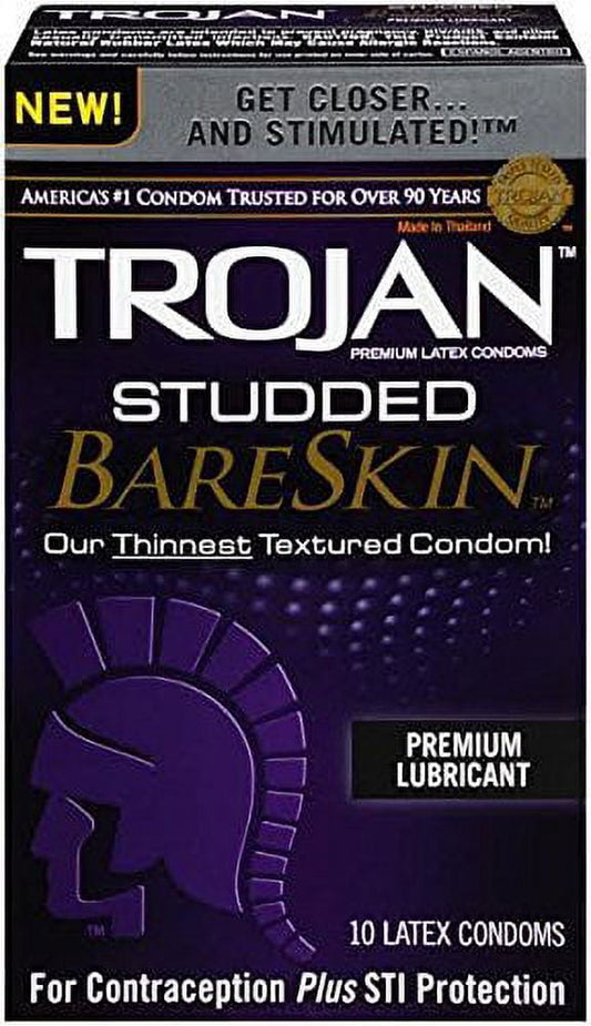 Trojan Studded BareSkin + Silver Lunamax Pocket Case, Ribbed Lubricated Latex Condoms-10 C
