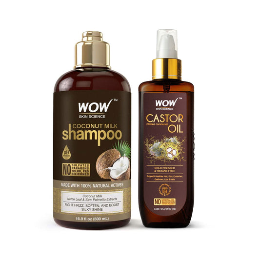 WOW Skin Science Coconut Milk Shampoo 500ml & Castor Oil 100ml - For Hair Growth