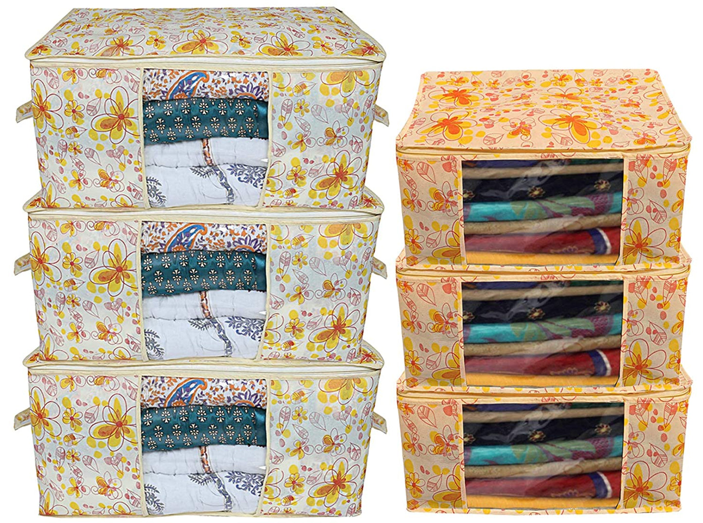 Kuber Industries Flower Printed Non Woven 3 Pieces Saree Cover and 3 Pieces Underbed Stora