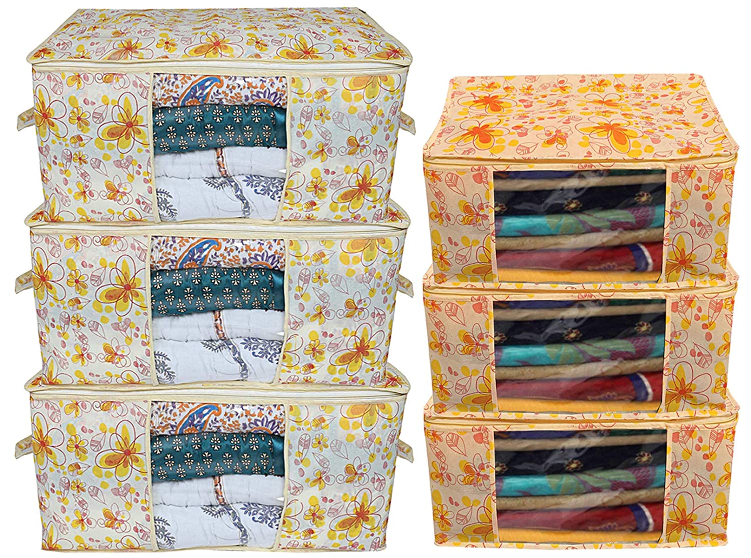 Kuber Industries Flower Printed Non Woven 3 Pieces Saree Cover and 3 Pieces Underbed Stora