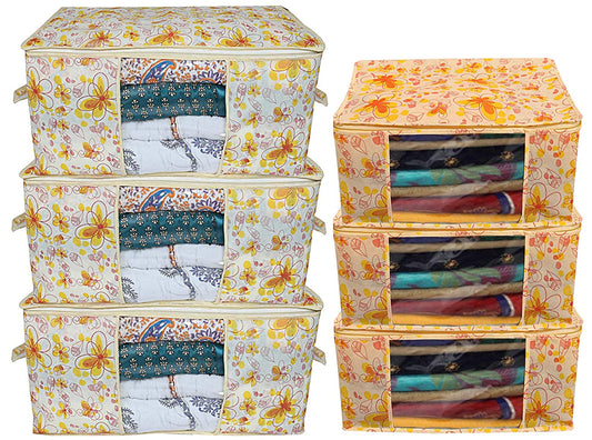 Kuber Industries Flower Printed Non Woven 3 Pieces Saree Cover and 3 Pieces Underbed Stora