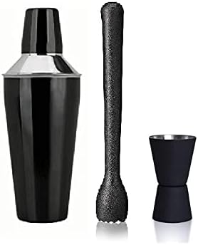 iKonbi Muddler Bar Set Stainless Steel, Black PVC Muddler, 750 ml Shaker, 20/40 ml Peg